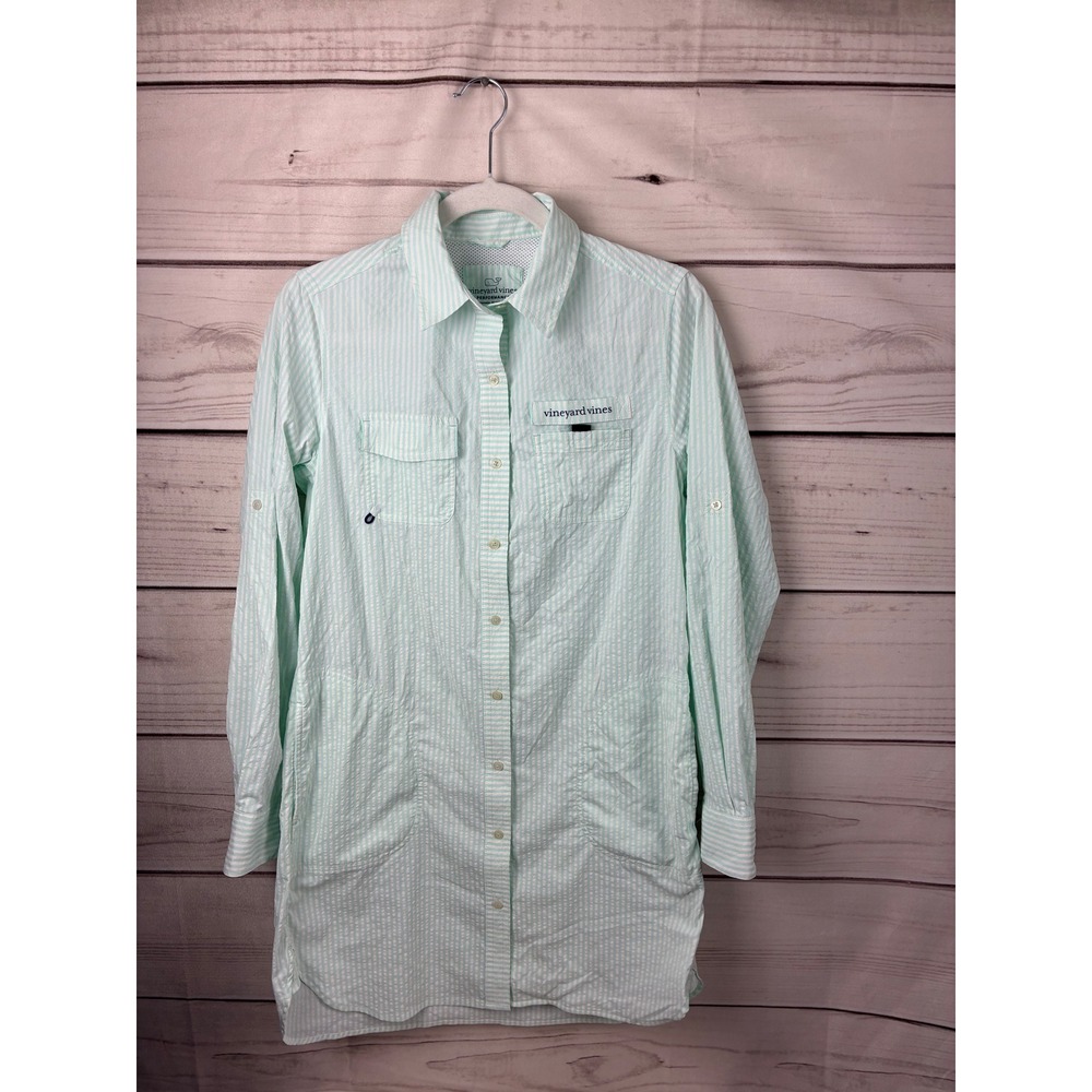 Vineyard Vines Performance Seersucker Stripe Shirt Dress Mint Green White 19x32